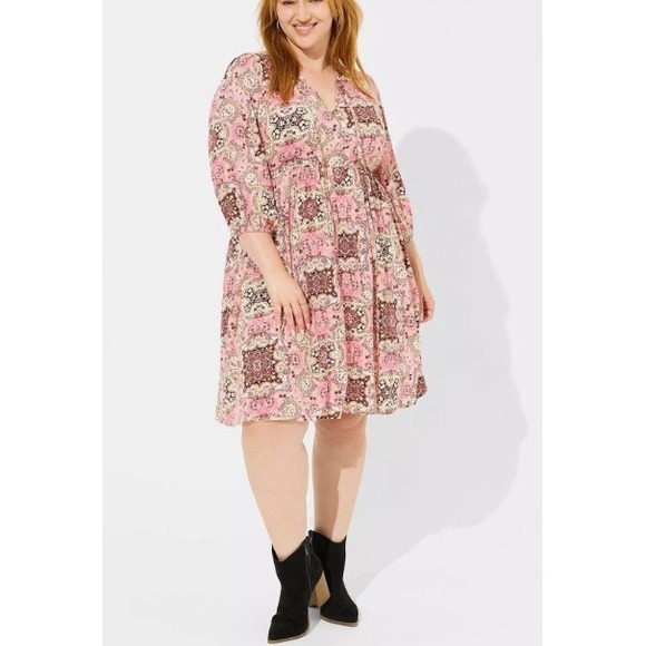 Torrid 00 Pink Paisley Print V Neck Babydoll Dress Plus Size Casual Boho - Picture 2 of 13